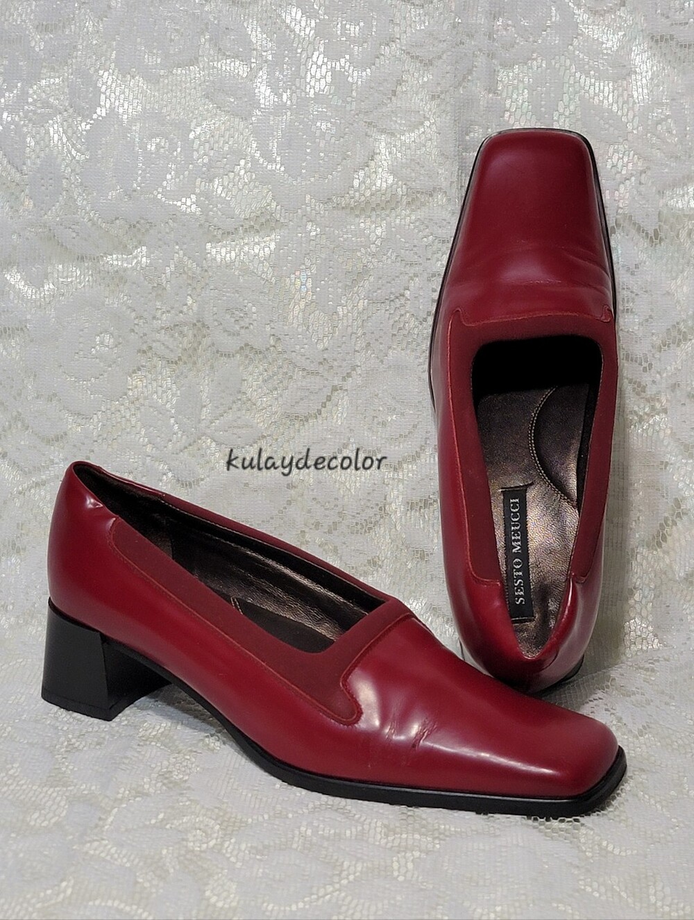 Sesto Meucci Made in Italy Burgundy Leather Block Heel Vintage Red Pumps 8 ½ N